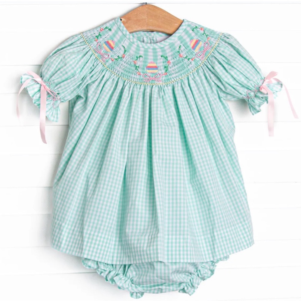 Easter Smocked Mint Gingham Baby Dress with Bloomer Set
